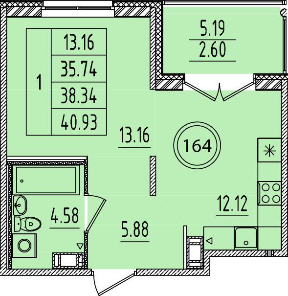 1-комнатная квартира, 35.74 м² в ЖК "Образцовый квартал 14" - планировка, фото №1
