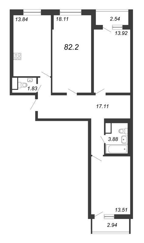 3-комнатная квартира, 82.2 м² в ЖК "Приморский квартал" - планировка, фото №1