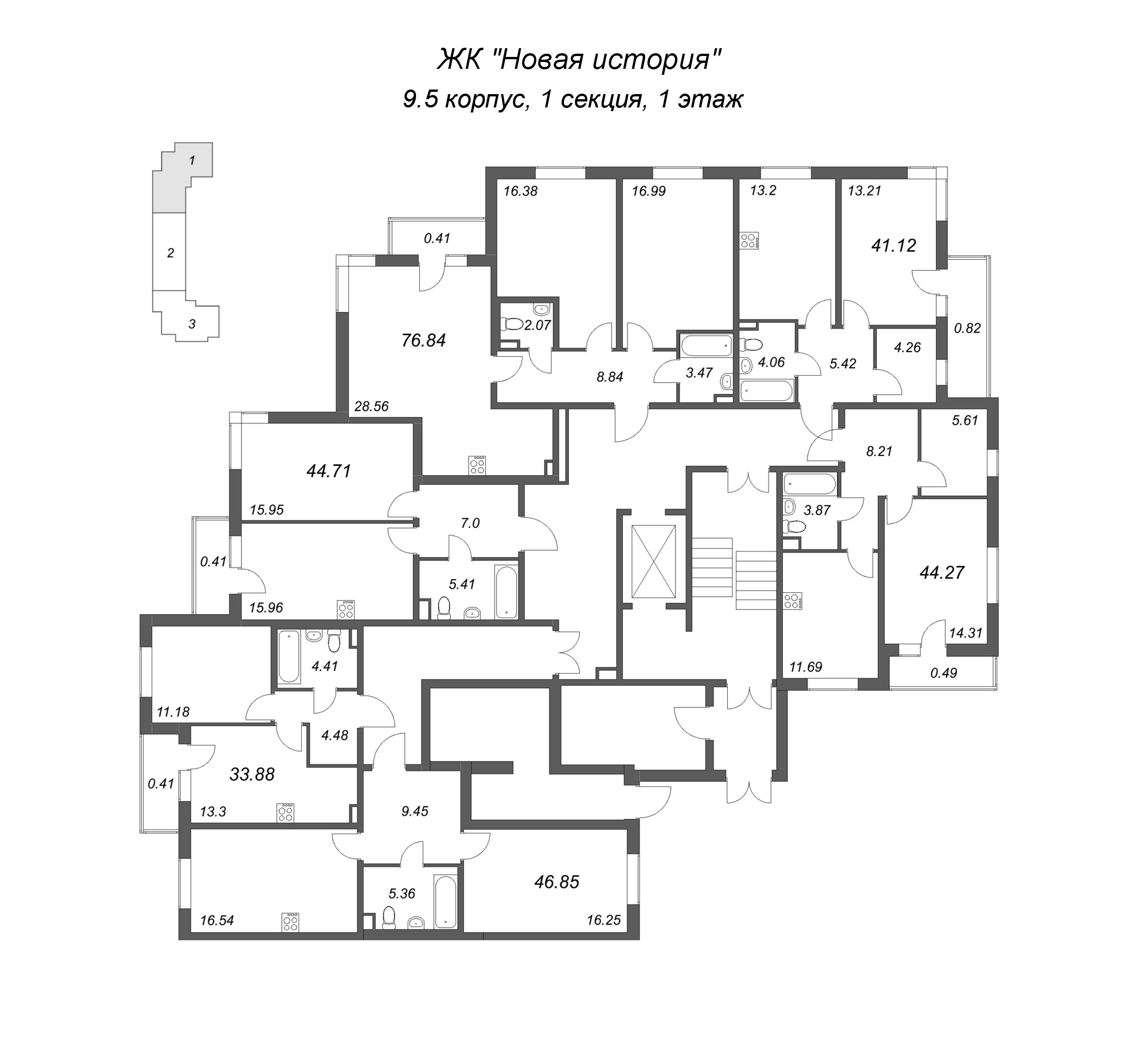 1-комнатная квартира, 33.88 м² в ЖК "Новая история" - планировка этажа