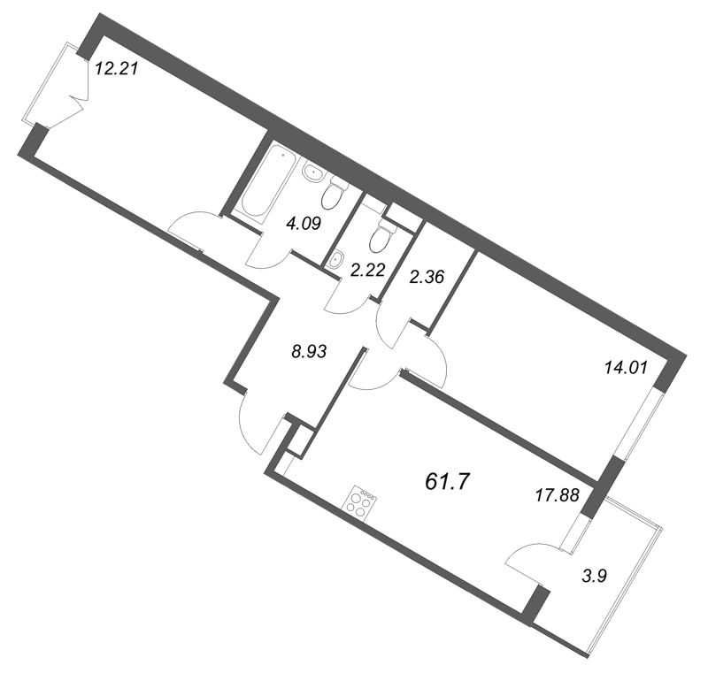 3-комнатная (Евро) квартира, 61.7 м² в ЖК "Любоград" - планировка, фото №1