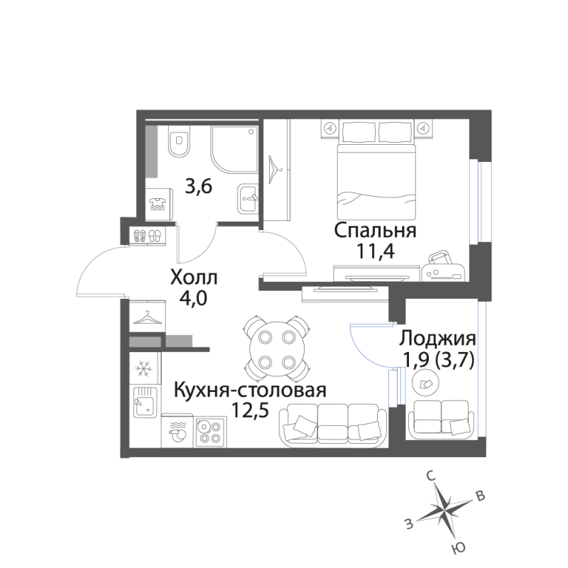 1-комнатная квартира, 33.4 м² в ЖК "Экография" - планировка, фото №1