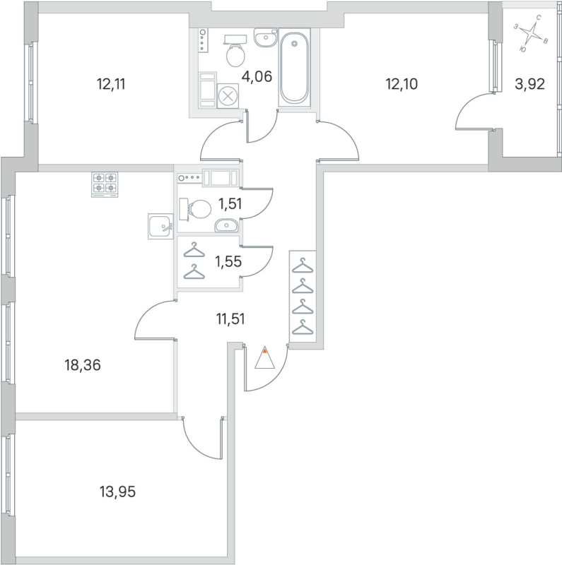4-комнатная (Евро) квартира, 75.15 м² - планировка, фото №1