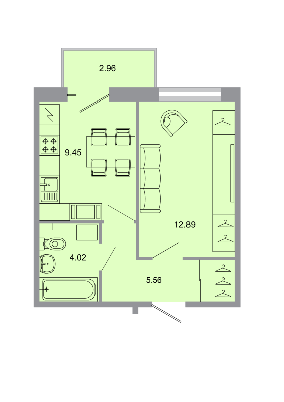 1-комнатная квартира, 32.1 м² - планировка, фото №1