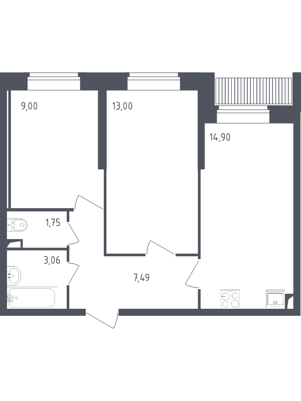 2-комнатная квартира, 49.2 м² - планировка, фото №1