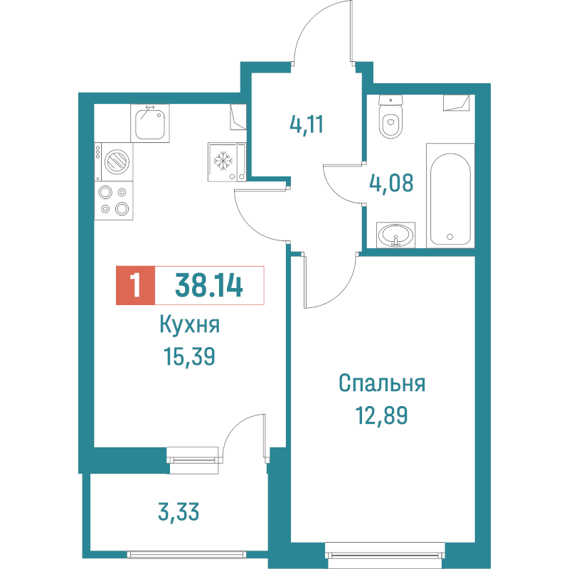 2-комнатная (Евро) квартира, 38.14 м² в ЖК "Графика" - планировка, фото №1