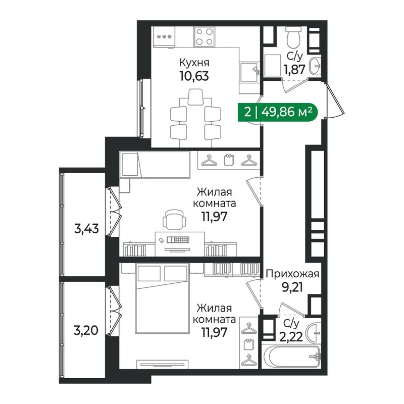 2-комнатная квартира, 49.86 м² в ЖК "Сертолово Парк" - планировка, фото №1