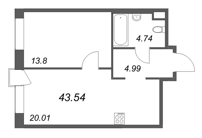2-комнатная (Евро) квартира, 43.5 м² в ЖК "Avant" - планировка, фото №1