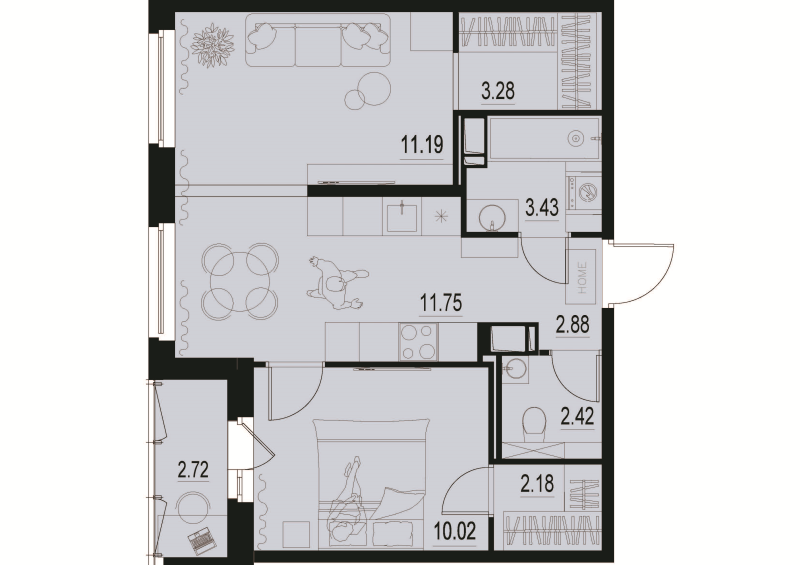 2-комнатная (Евро) квартира, 48.51 м² - планировка, фото №1