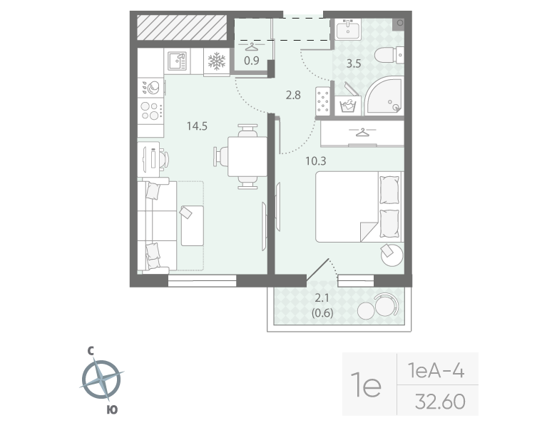 1-комнатная квартира, 32.6 м² в ЖК "Дыбенко Парк" - планировка, фото №1