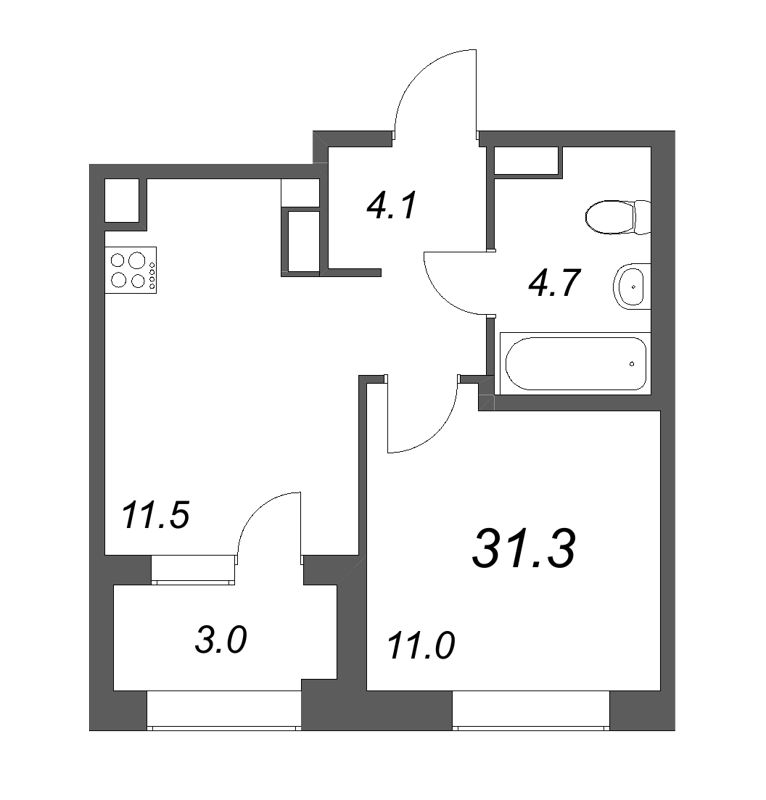 1-комнатная квартира, 31.3 м² - планировка, фото №1