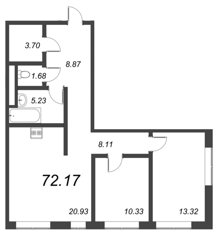 3-комнатная (Евро) квартира, 76.5 м² в ЖК "Малоохтинский, 68" - планировка, фото №1