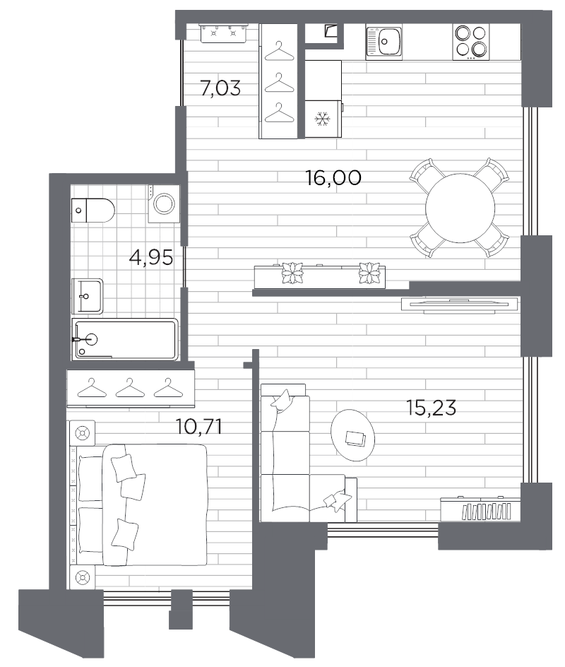 3-комнатная (Евро) квартира, 53.92 м² в ЖК "Галерная гавань" - планировка, фото №1