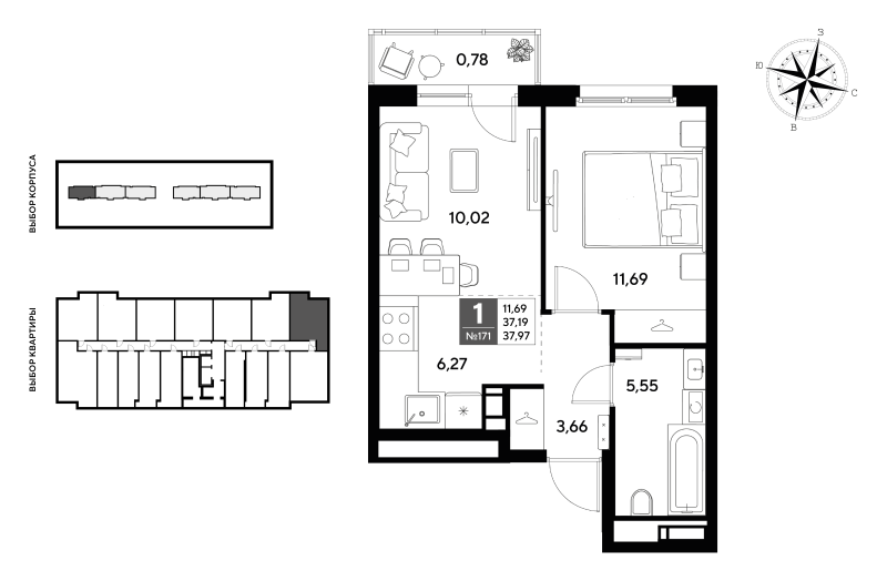2-комнатная (Евро) квартира, 37.97 м² - планировка, фото №1
