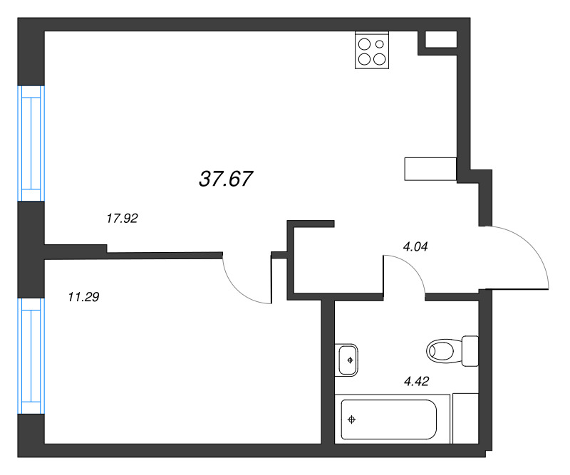 2-комнатная (Евро) квартира, 37.67 м² - планировка, фото №1