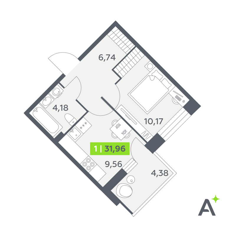 1-комнатная квартира, 31.96 м² в ЖК "Аквилон РекаПарк" - планировка, фото №1