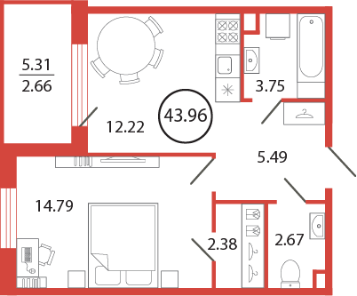 1-комнатная квартира, 43.96 м² в ЖК "Энфилд" - планировка, фото №1