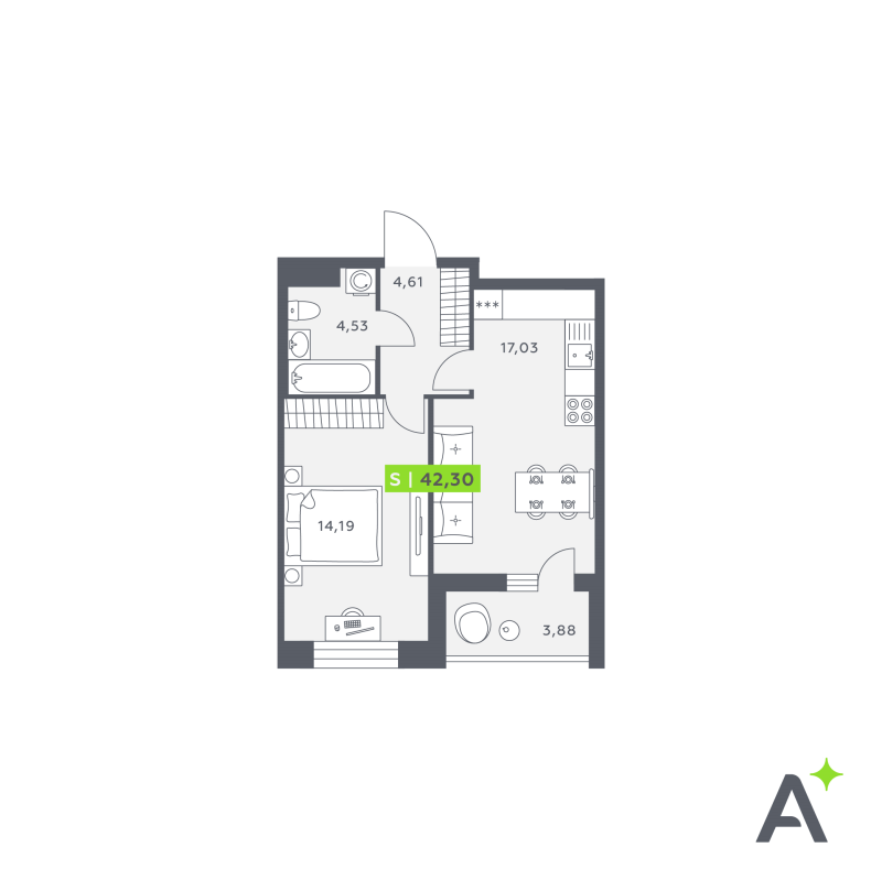 2-комнатная (Евро) квартира, 42.3 м² в ЖК "Аквилон Verba" - планировка, фото №1