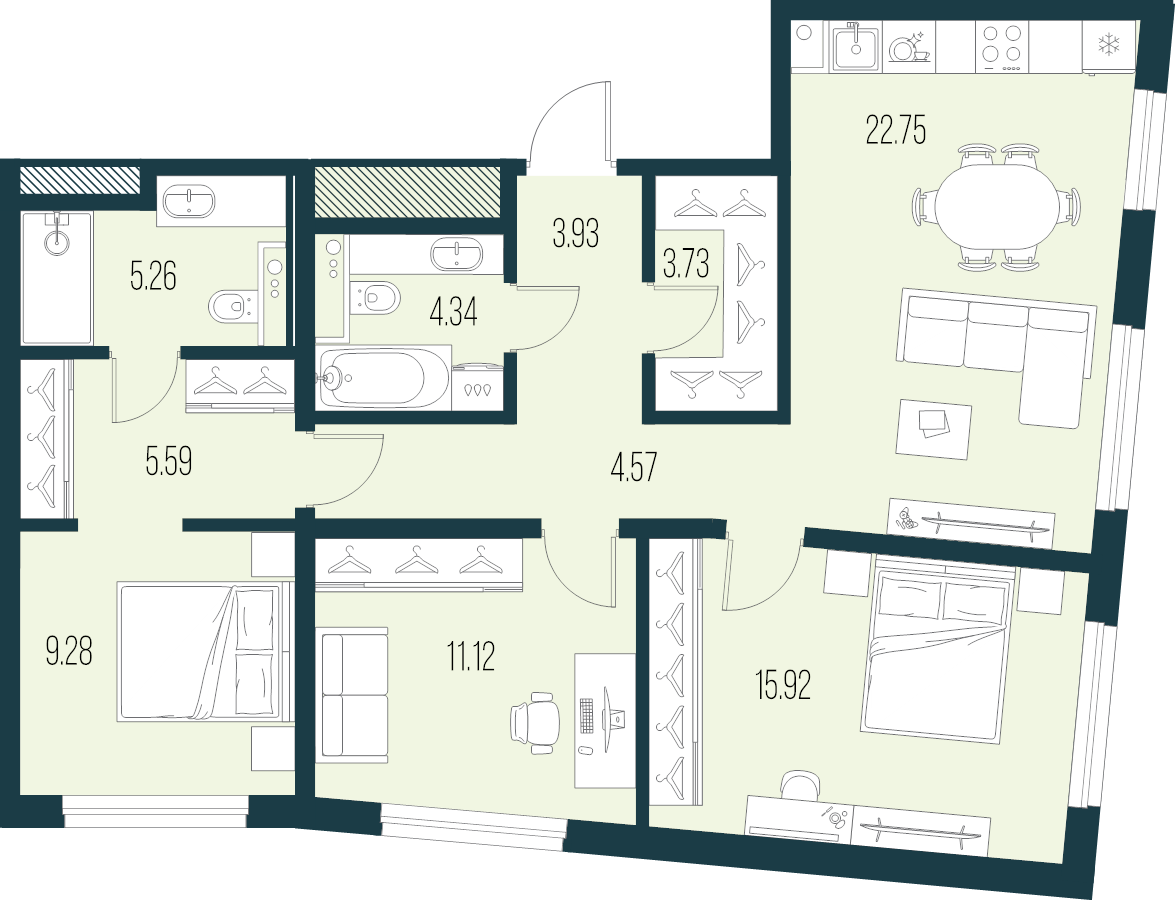 4-комнатная (Евро) квартира, 86.49 м² в ЖК "Новая Земля" - планировка, фото №1