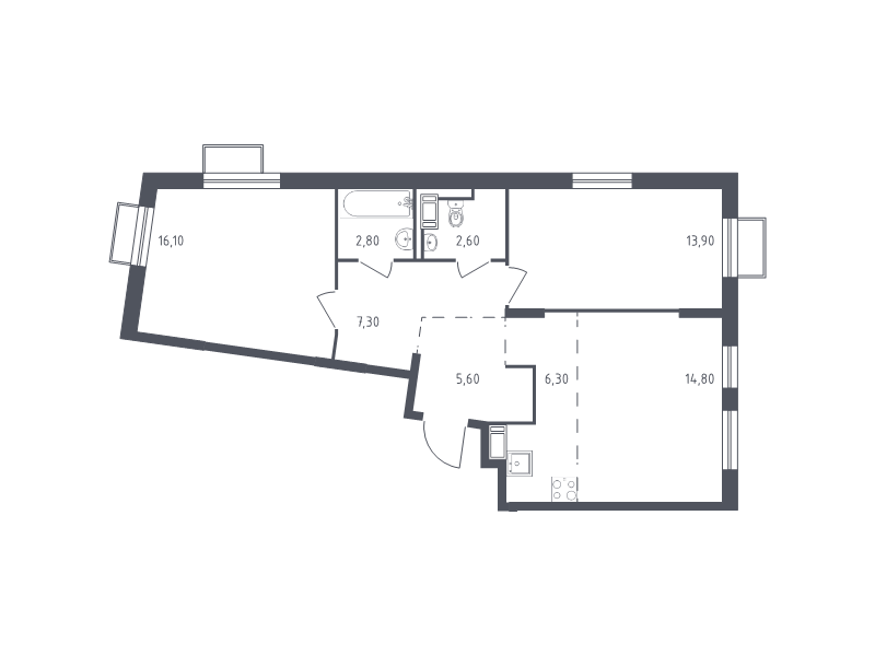 3-комнатная (Евро) квартира, 69.4 м² в ЖК "Курортный Квартал" - планировка, фото №1