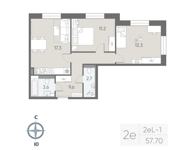 3-комнатная (Евро) квартира, 57.7 м² в ЖК "Большая Охта" - планировка, фото №1