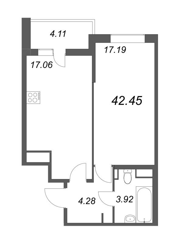 1-комнатная квартира, 42.45 м² - планировка, фото №1