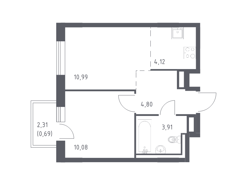 2-комнатная (Евро) квартира, 34.59 м² в ЖК "Квартал Лаголово" - планировка, фото №1