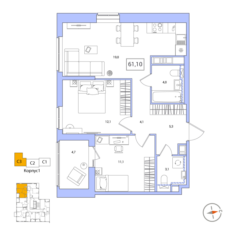 3-комнатная (Евро) квартира, 61.1 м² в ЖК "Янила Форест" - планировка, фото №1