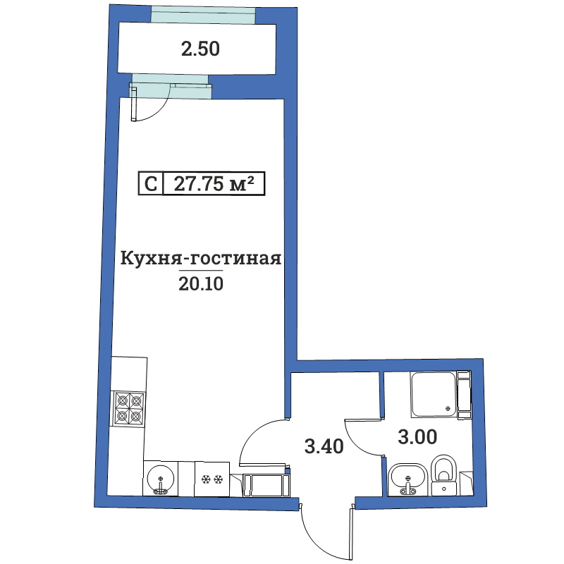 Квартира-студия, 28 м² - планировка, фото №1