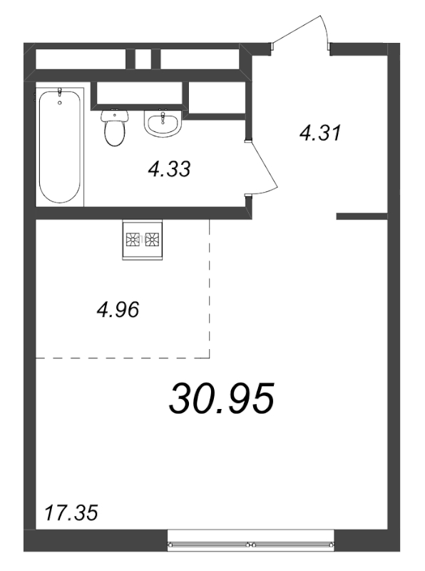 Квартира-студия, 30.95 м² - планировка, фото №1