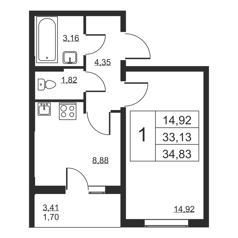 1-комнатная квартира, 34.83 м² в ЖК "Высота" - планировка, фото №1