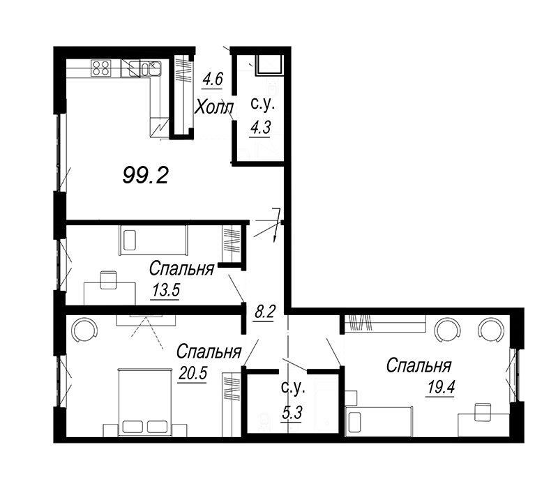 3-комнатная квартира, 99.1 м² - планировка, фото №1