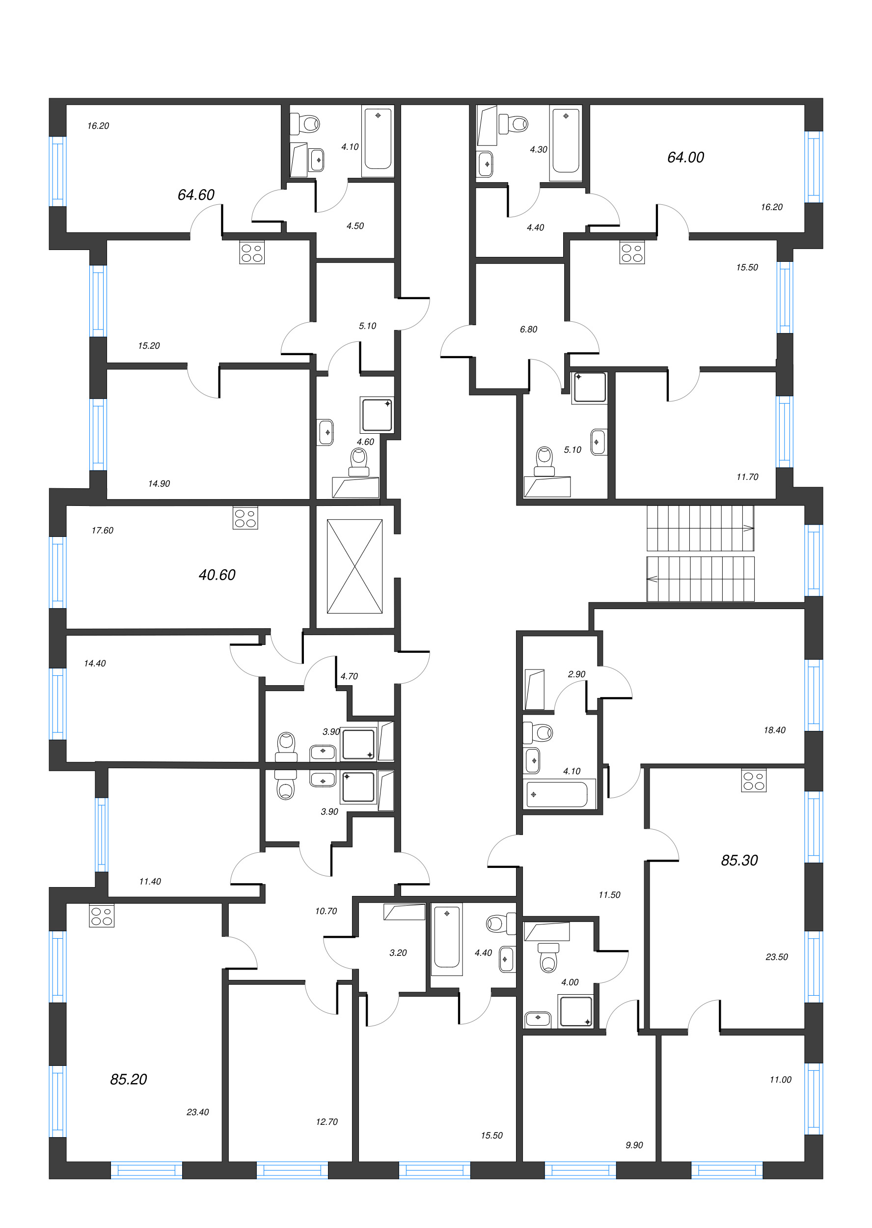 2-комнатная (Евро) квартира, 40.6 м² - планировка этажа
