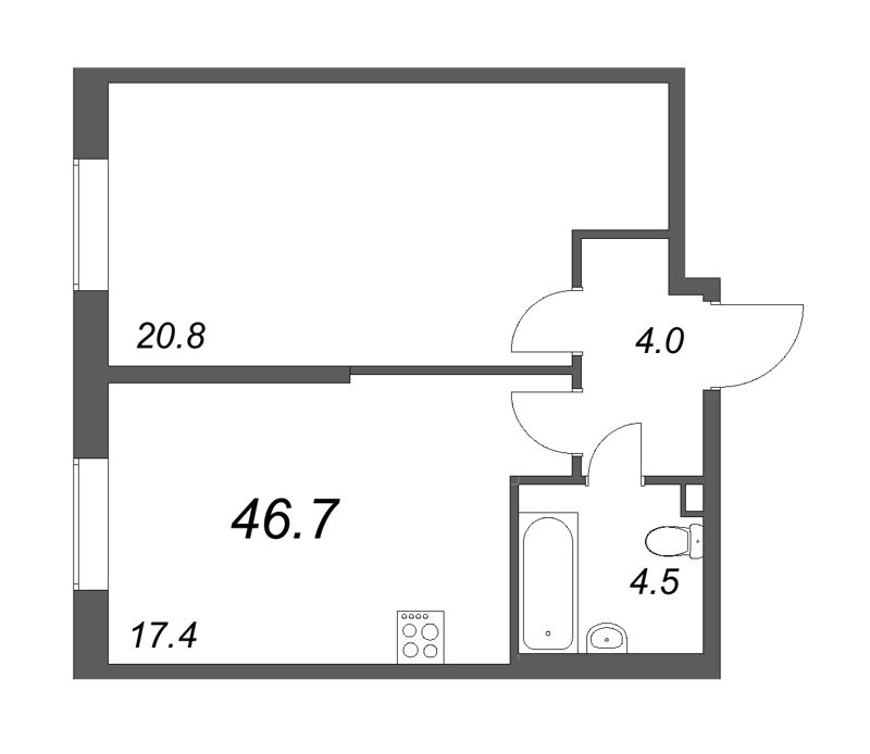 2-комнатная (Евро) квартира, 46.7 м² в ЖК "Цивилизация на Неве" - планировка, фото №1