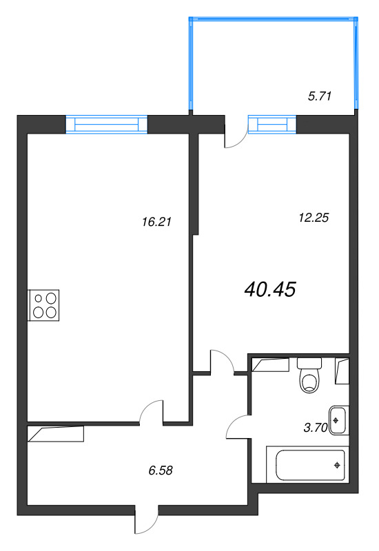 2-комнатная (Евро) квартира, 40.45 м² в ЖК "Аквилон Stories" - планировка, фото №1