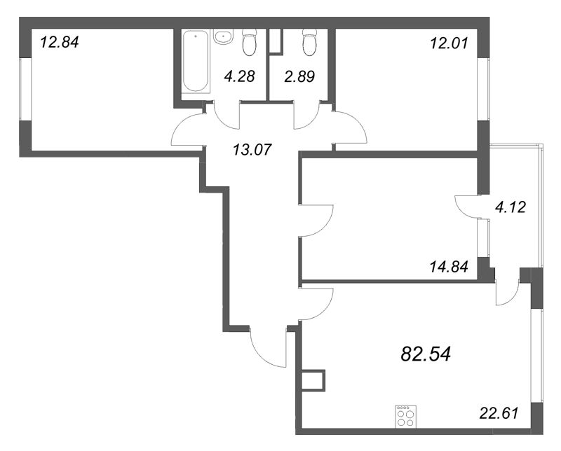 4-комнатная (Евро) квартира, 82.54 м² в ЖК "Ясно.Янино" - планировка, фото №1