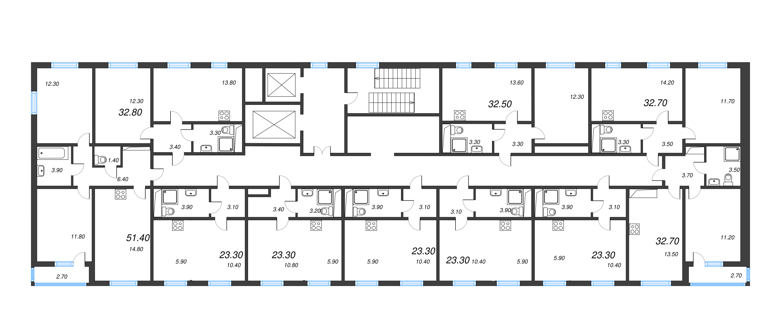 2-комнатная квартира, 51.4 м² - планировка этажа