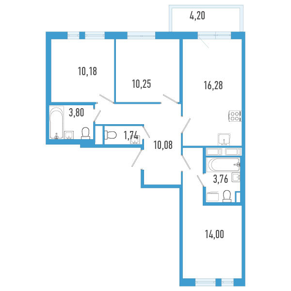 4-комнатная (Евро) квартира, 71.35 м² - планировка, фото №1