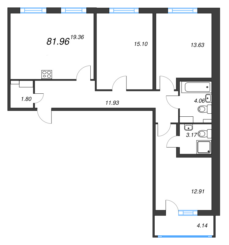 4-комнатная (Евро) квартира, 81.96 м² - планировка, фото №1