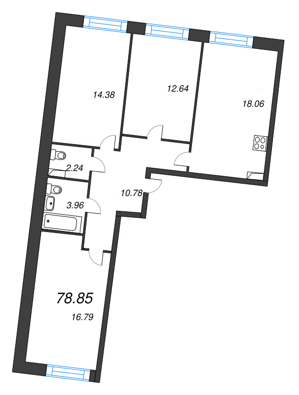 4-комнатная (Евро) квартира, 78.85 м² в ЖК "Остров Первых" - планировка, фото №1
