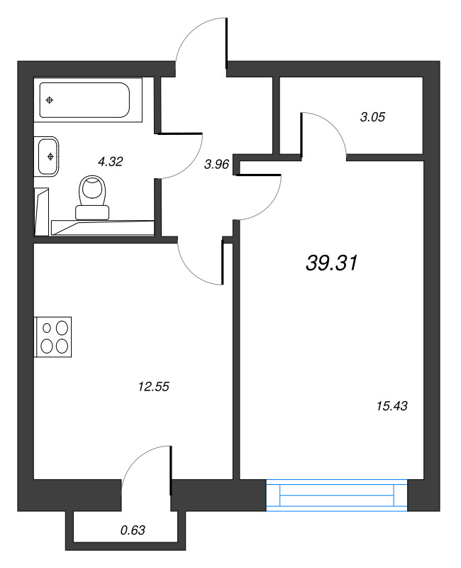 1-комнатная квартира, 39.5 м² в ЖК "Кронфорт. Центральный" - планировка, фото №1