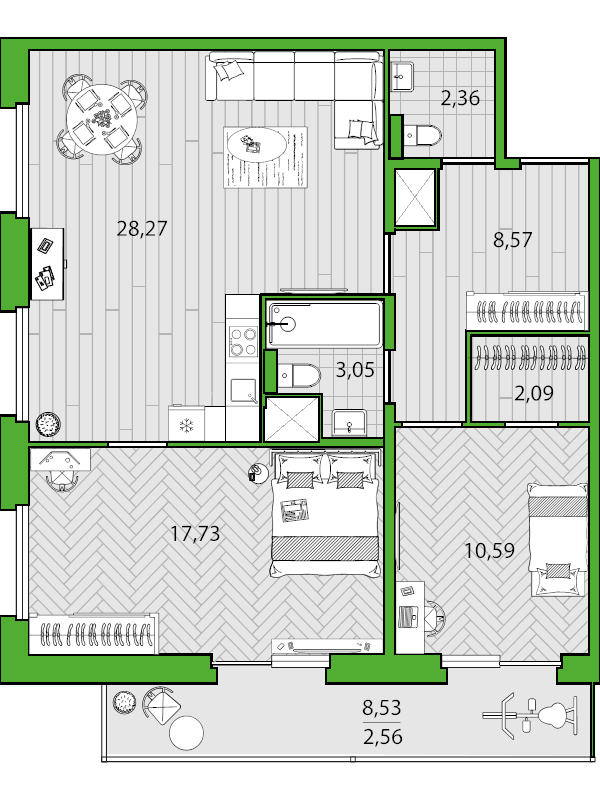 3-комнатная (Евро) квартира, 74.4 м² - планировка, фото №1