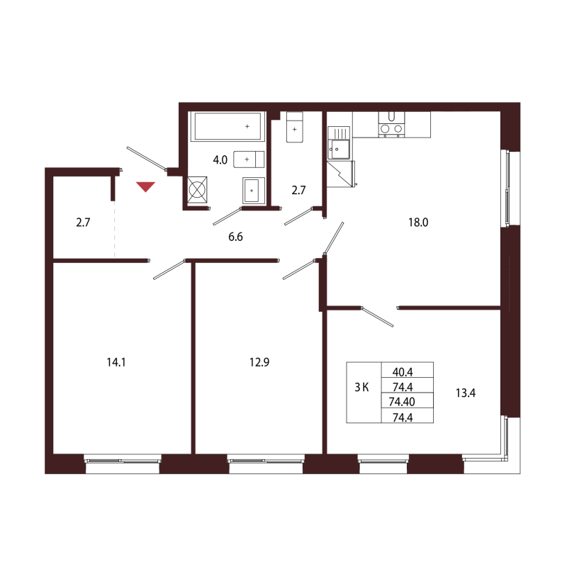 4-комнатная (Евро) квартира, 74.4 м² в ЖК "Лисино" - планировка, фото №1