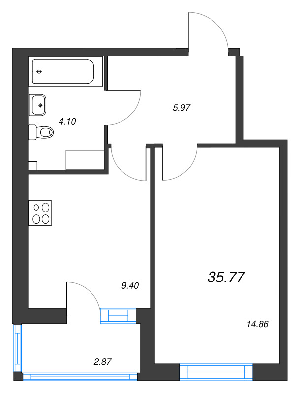 1-комнатная квартира, 35.77 м² - планировка, фото №1
