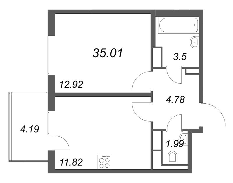1-комнатная квартира, 35.01 м² в ЖК "ЮгТаун" - планировка, фото №1