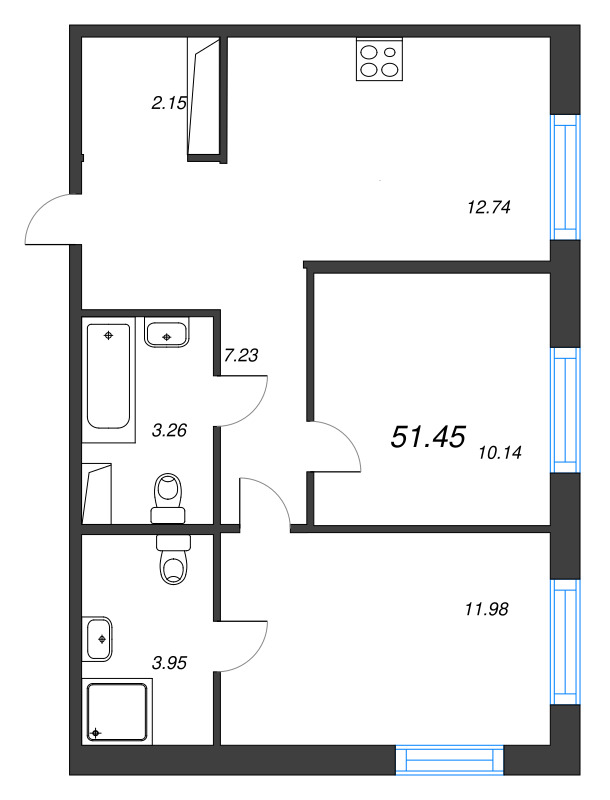 2-комнатная квартира, 51.45 м² в ЖК "Окла" - планировка, фото №1
