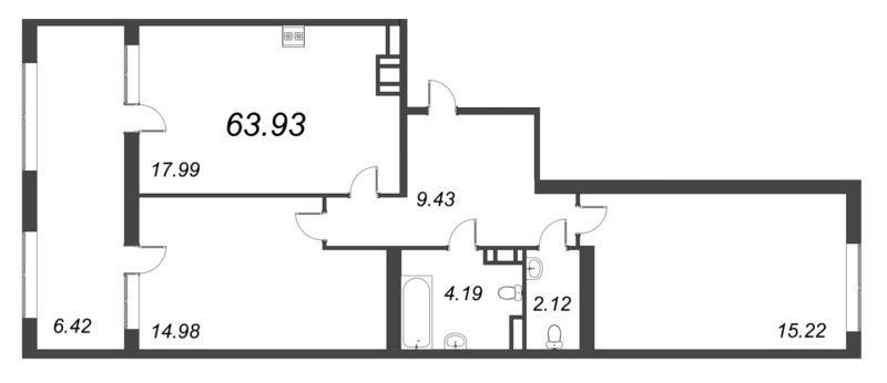 3-комнатная (Евро) квартира, 63.93 м² в ЖК "Б15" - планировка, фото №1