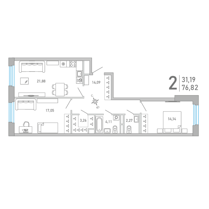 3-комнатная (Евро) квартира, 76.82 м² в ЖК "Министр" - планировка, фото №1