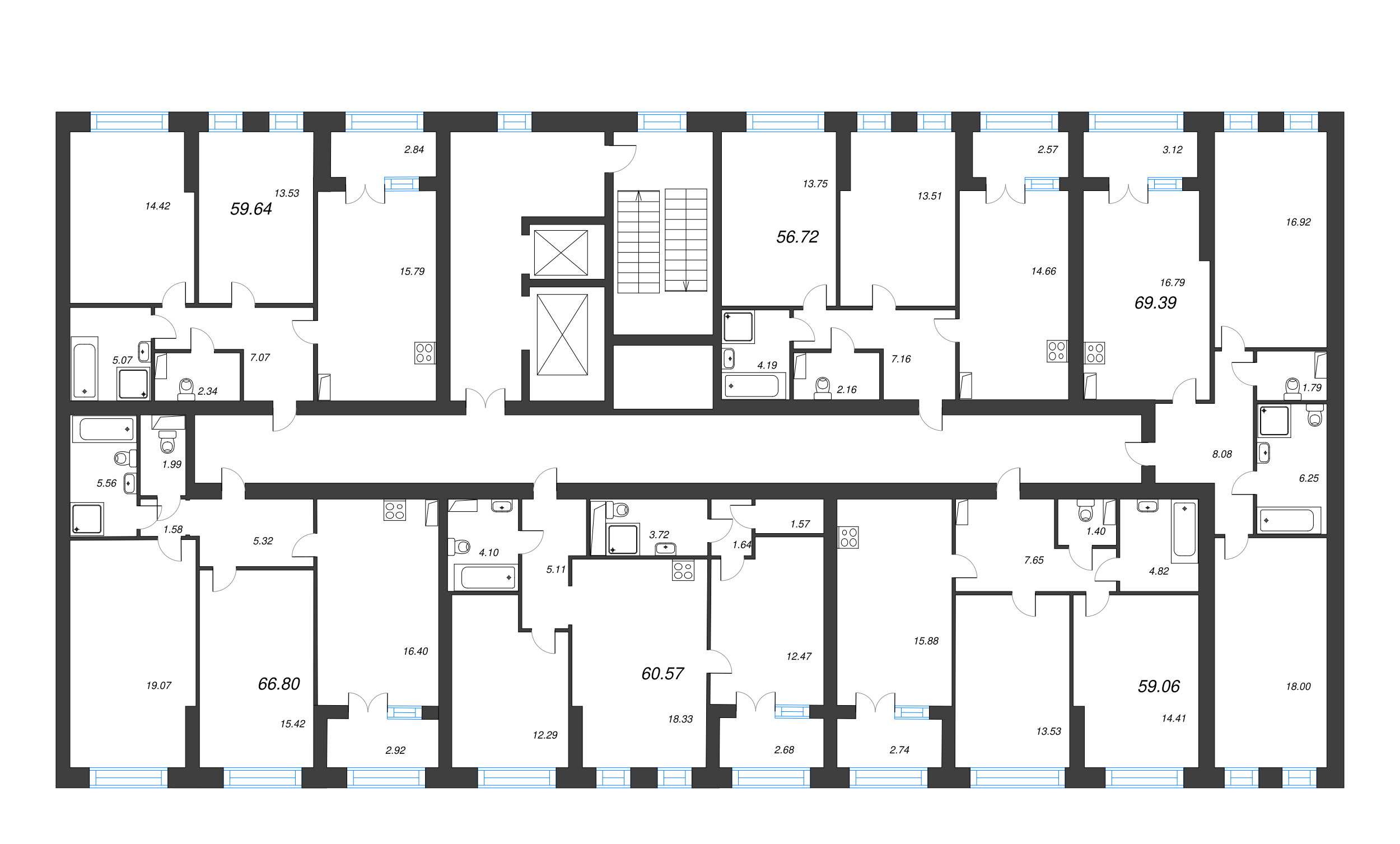 2-комнатная квартира, 59.64 м² - планировка этажа