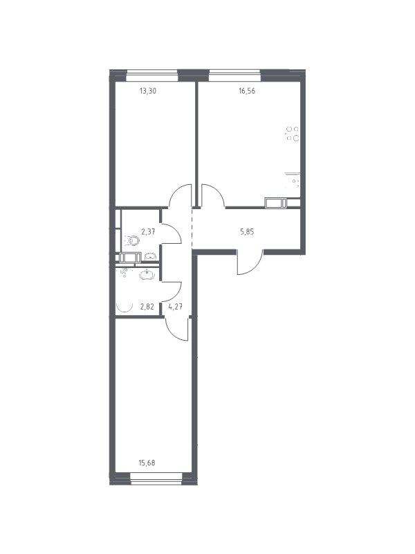 3-комнатная (Евро) квартира, 60.85 м² в ЖК "Живи! В Рыбацком" - планировка, фото №1