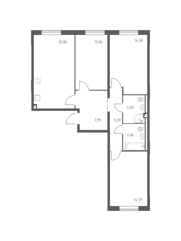 4-комнатная (Евро) квартира, 83.53 м² в ЖК "Квартал Лаголово" - планировка, фото №1